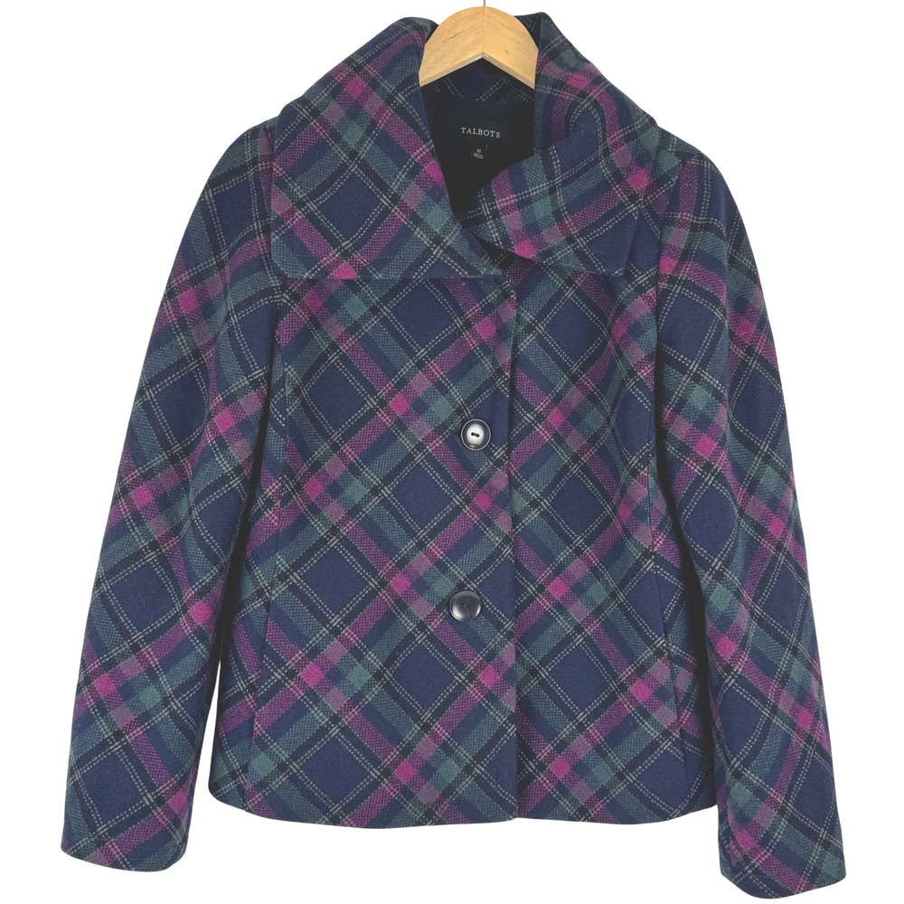 Talbots Womens Navy Magenta Green Wool Blend Plaid‎ Pea Coat Jacket Size 10